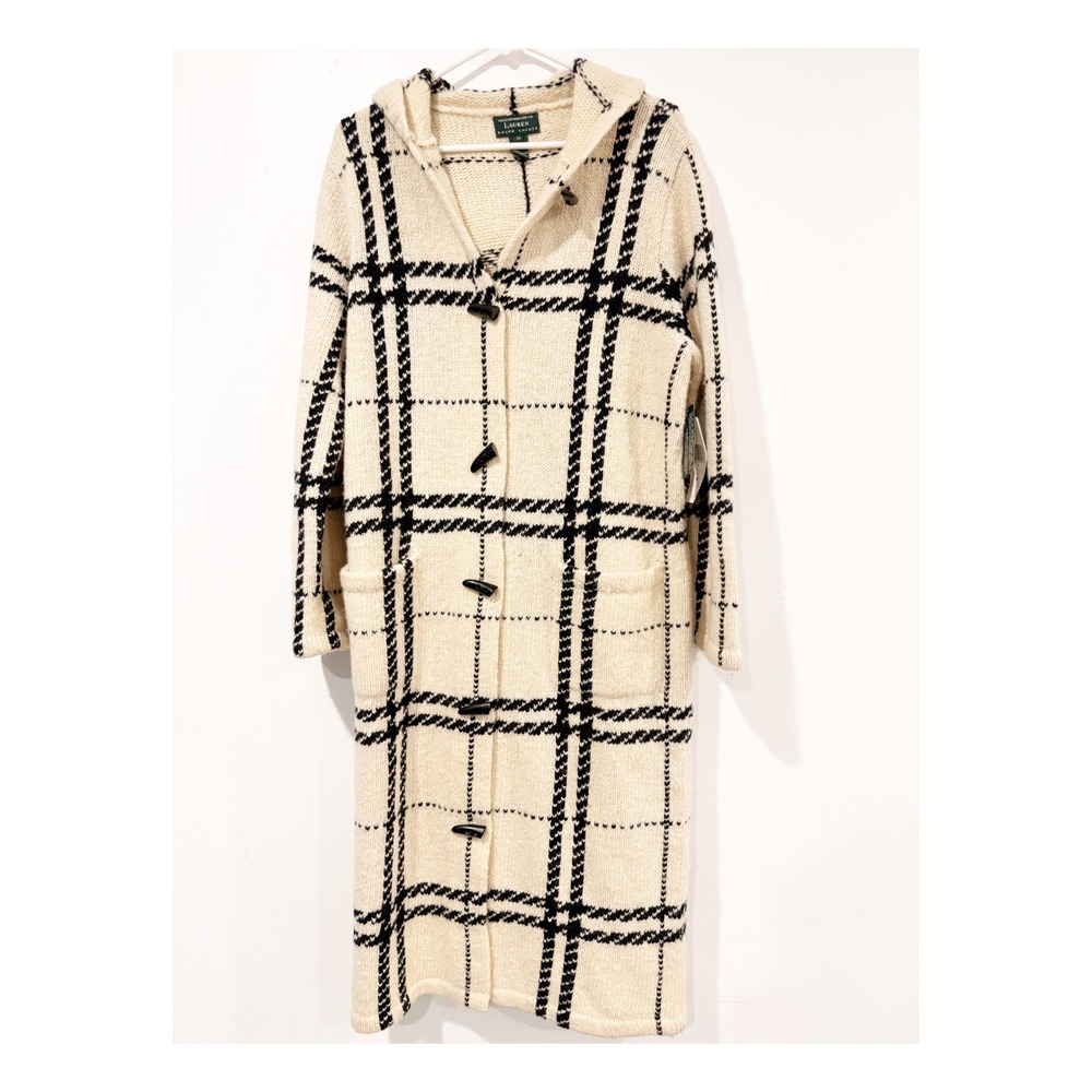 Lauren Ralph Lauren Plaid Lambswool Hooded Toggle Duster Cardigan Coat Cream M - Picture 1 of 4